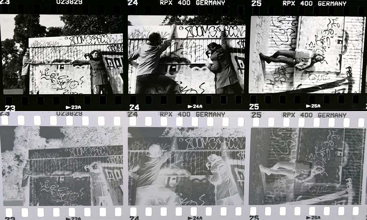 Black and white film of workshop participants climbing in Volkspark Friedrichshain